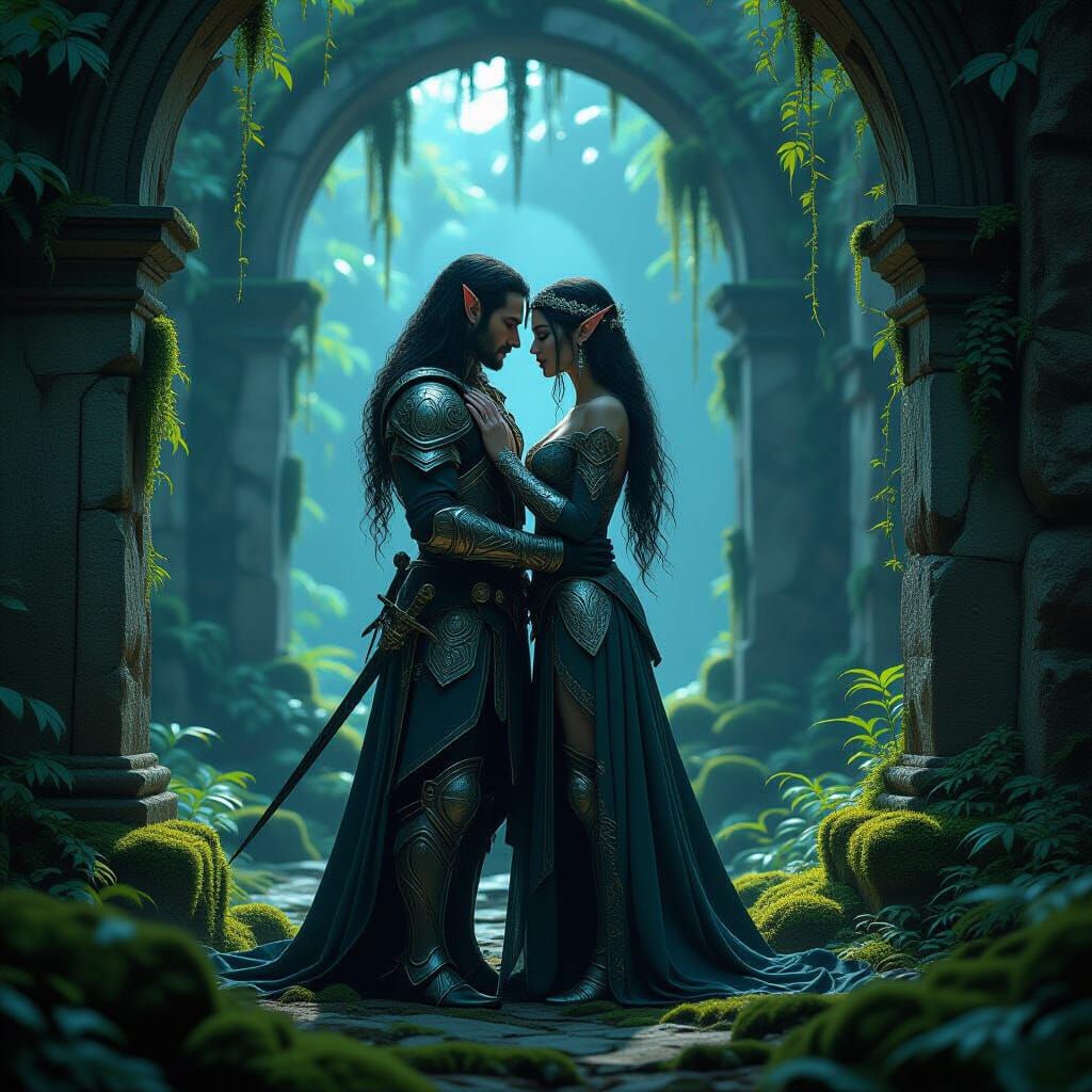 Elven Lovers in Bioluminescent Ruin