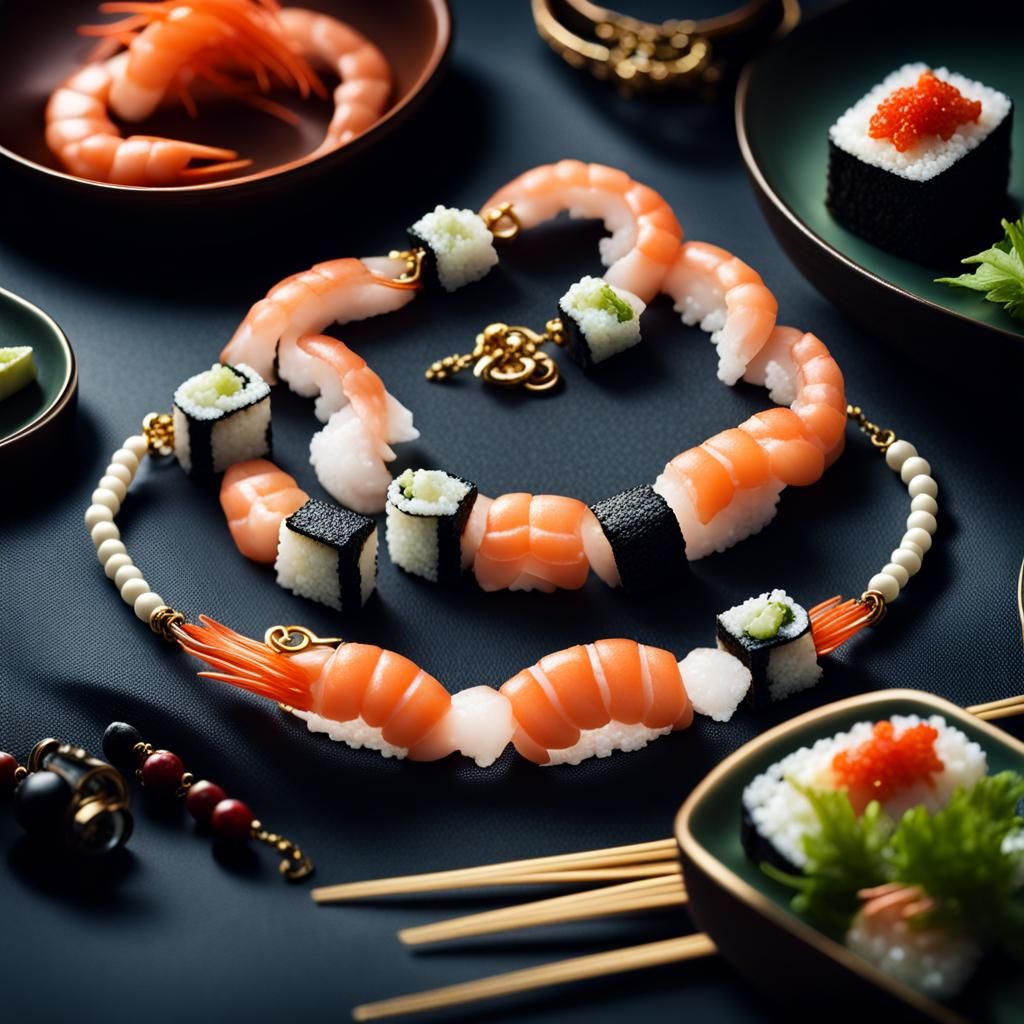 Sushi and Shrimp Jewelry: Hyperrealistic Still Life