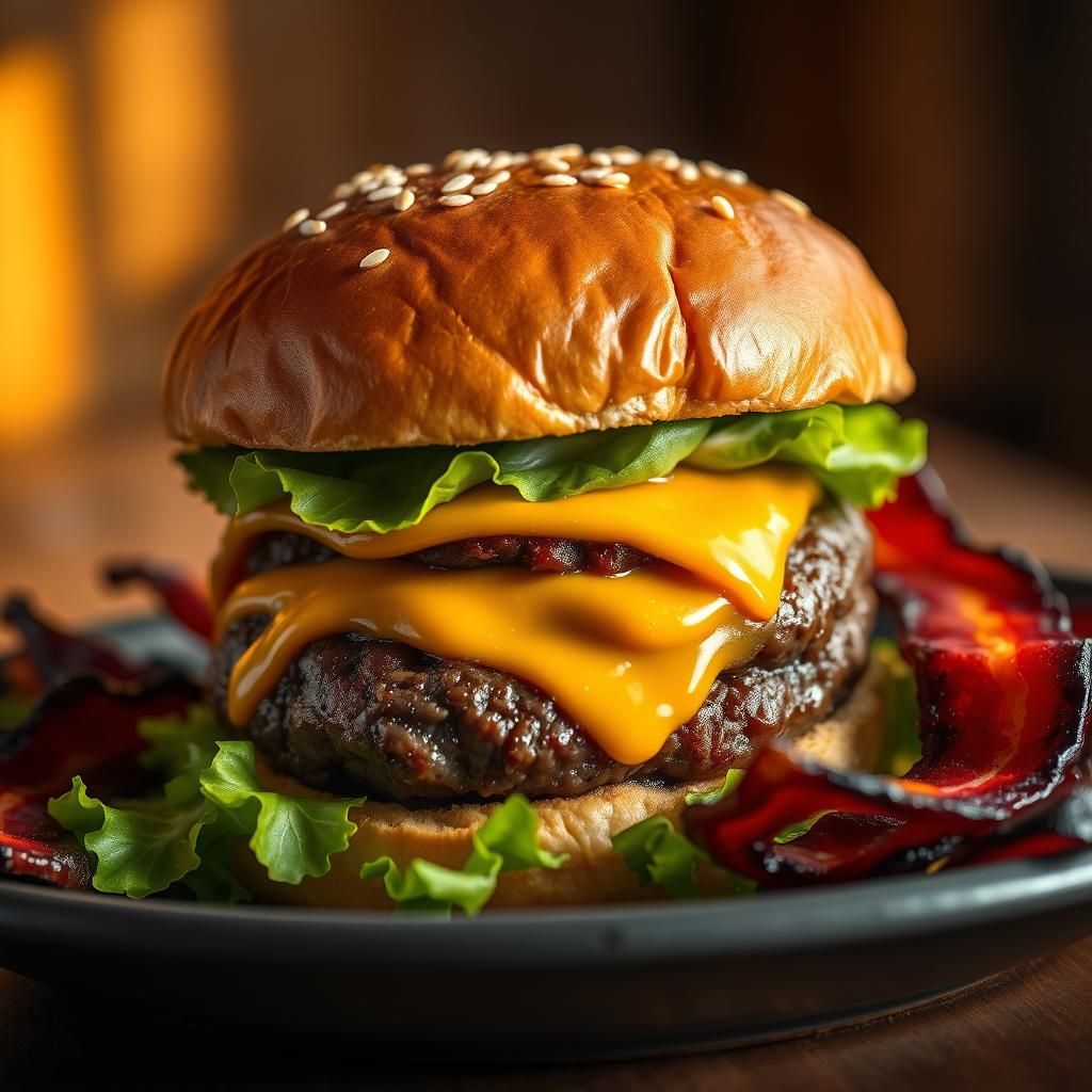 Hyperrealistic Burger and Bacon Still Life in Golden Light