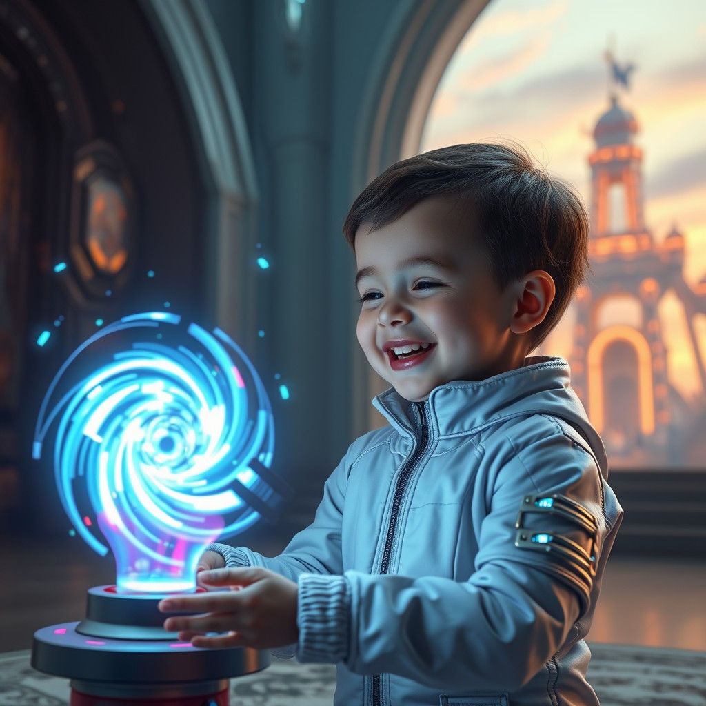 Child's Joyful Play with Hologram Toy in Cyberpunk Room
