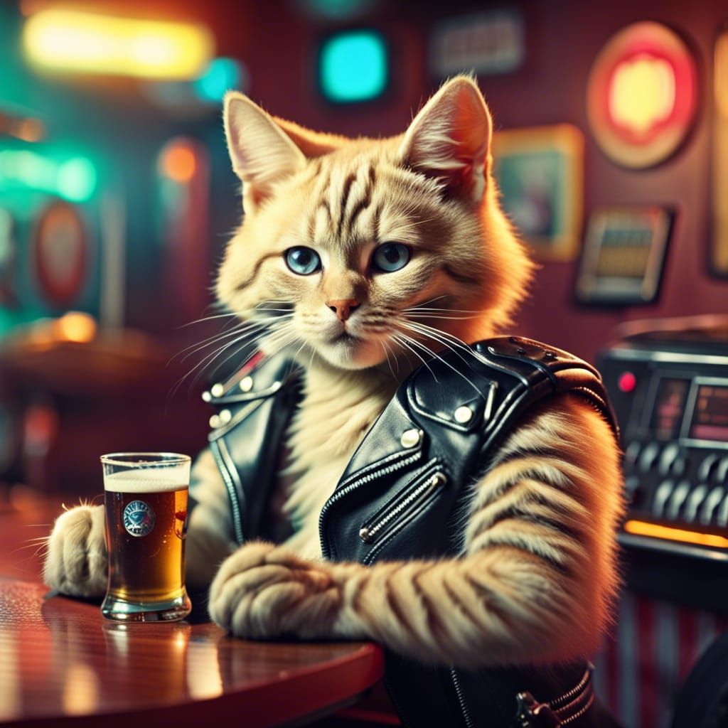 Biker Cat Drinking Beer in 80s Retro Bar
