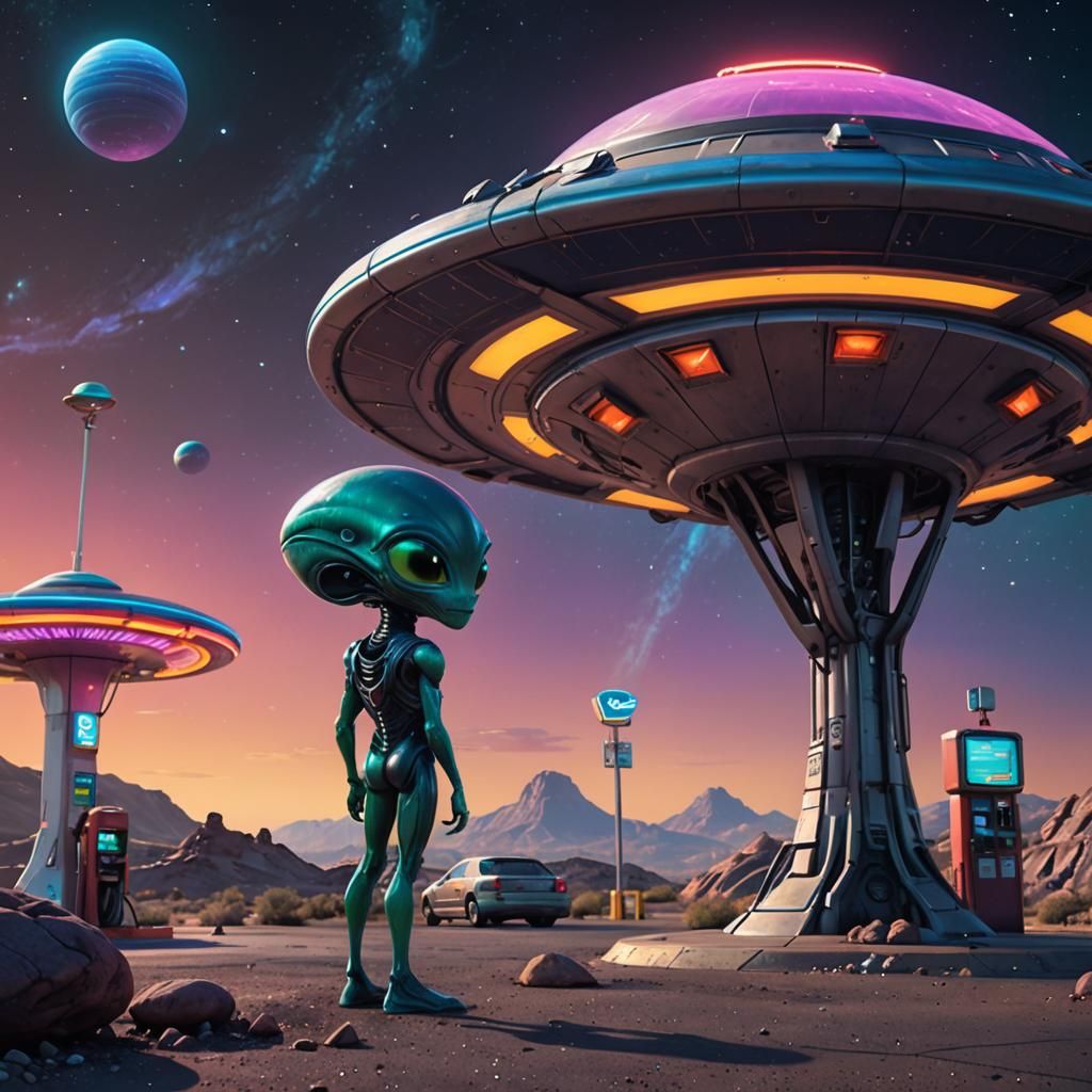 Alien at Space Gas Station in Pixar-Style 3D Art
