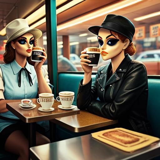 Surreal Diner Scene: Mannequins and Eyeball Coffee