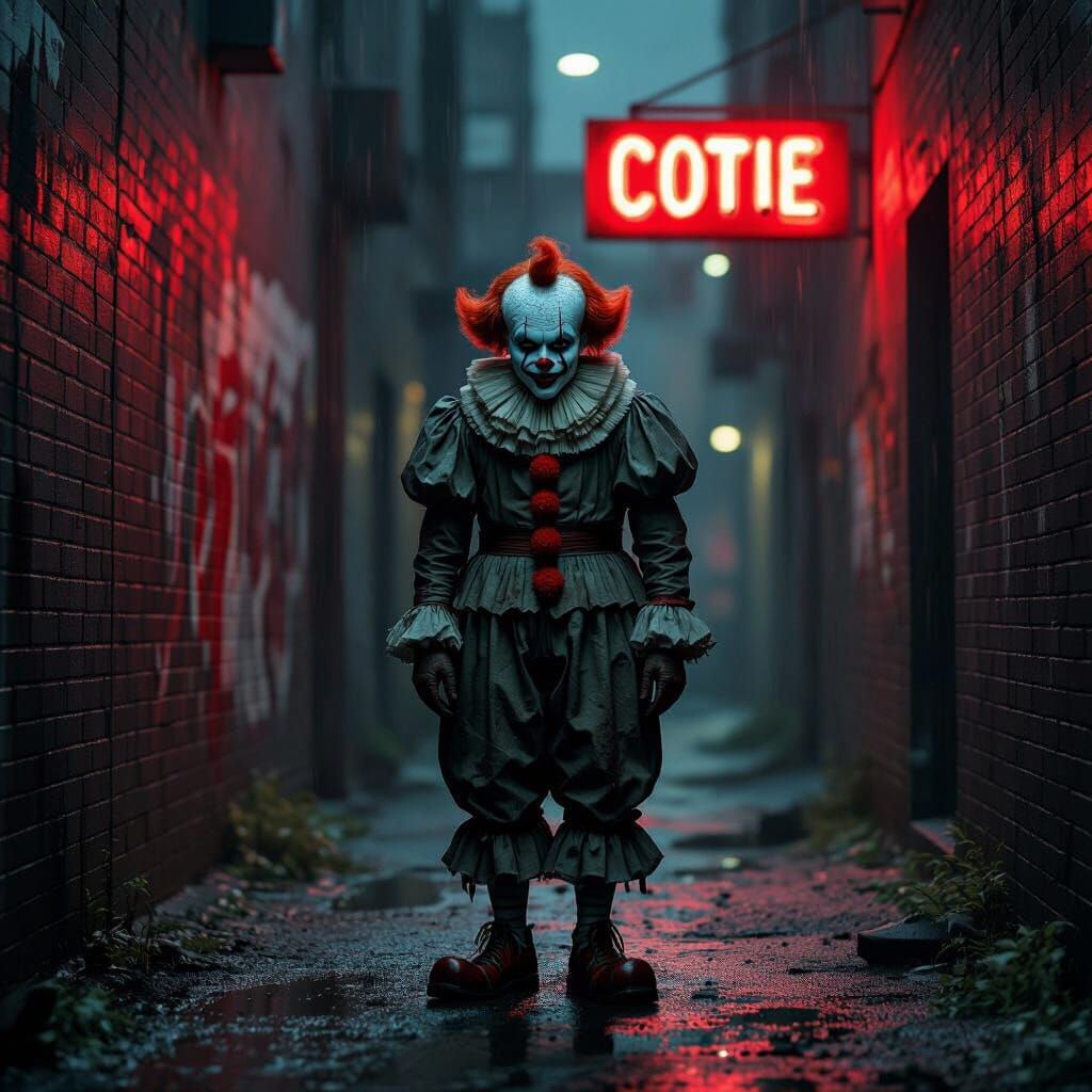 Weathered Clown in Neon Alleyway, Hyperrealistic Urban Art