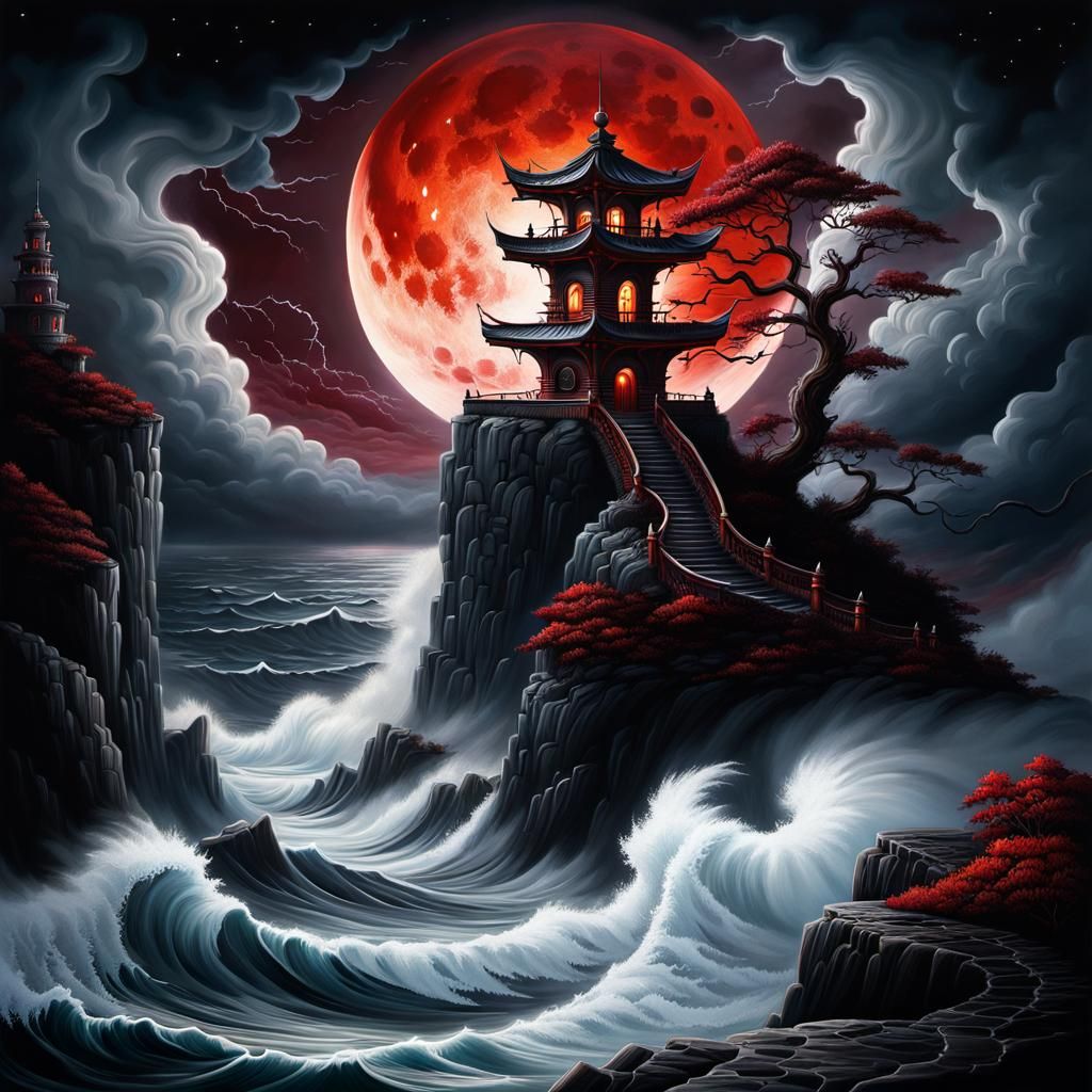 Sinister Watchtower Overlooking Turbulent Waters, in Fantasy...