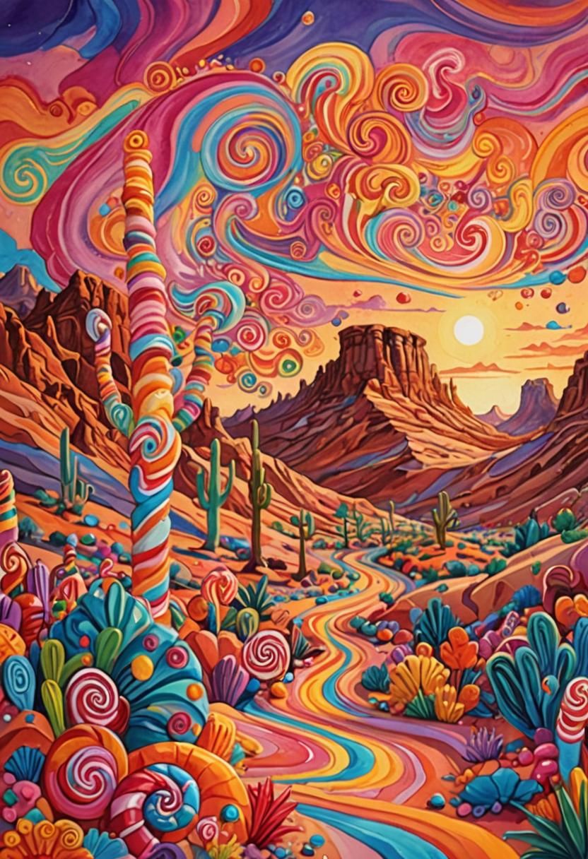 Vibrant Sunset Over Candyland Gouache Desert