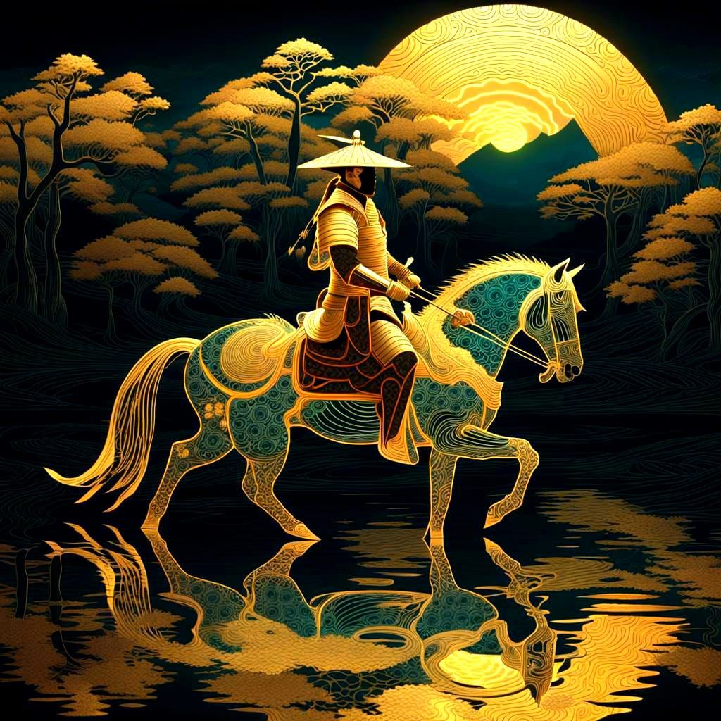 Bioluminescent Samurai Rides Through Dark Landscape