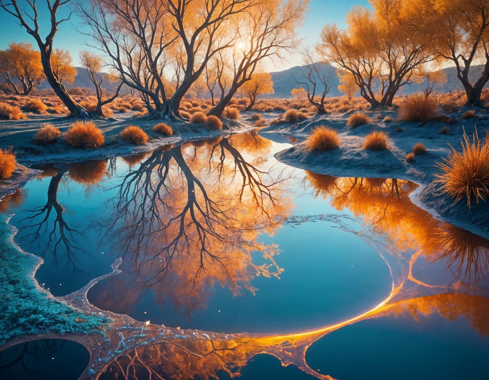 Reflective Orange and Blue Astral Landscape