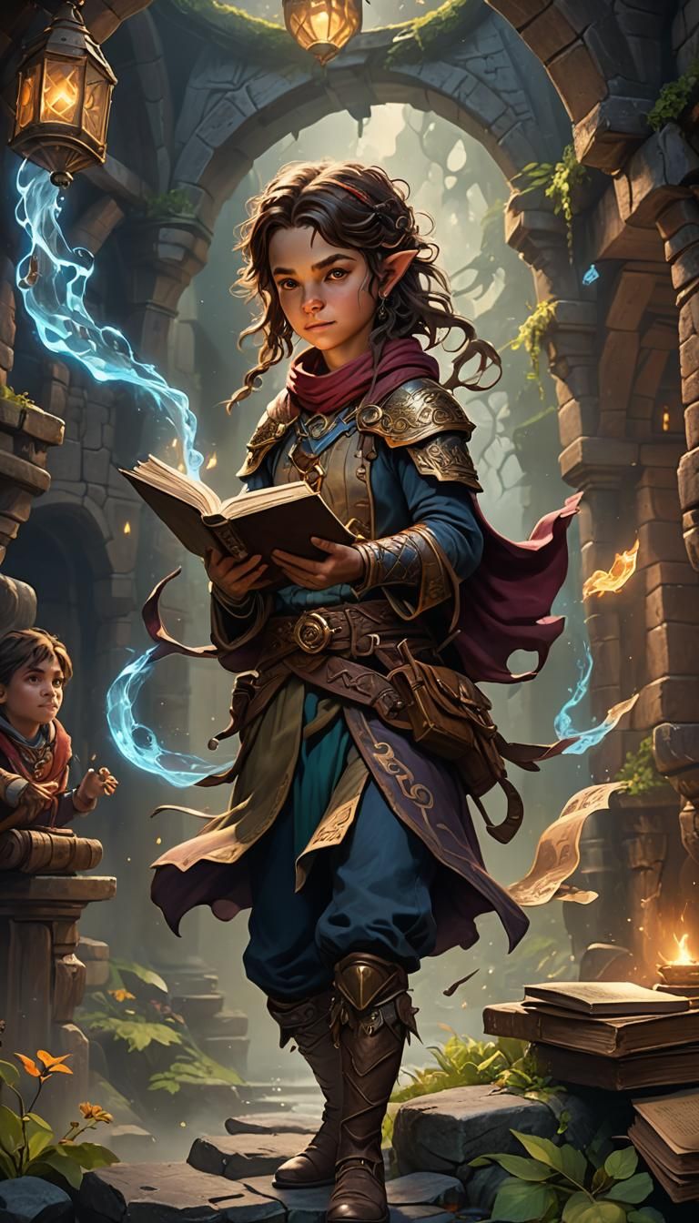 Halfling Bard with Magic Book in Dungeons and Dragons