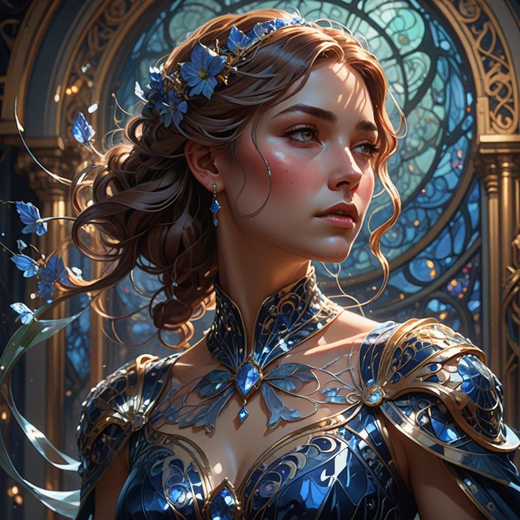Art Nouveau Woman in Sapphire Crystal Gown