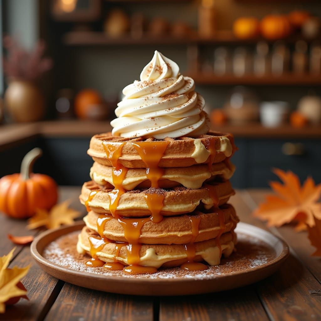 Golden Autumn Waffle Tower in Whimsical Style