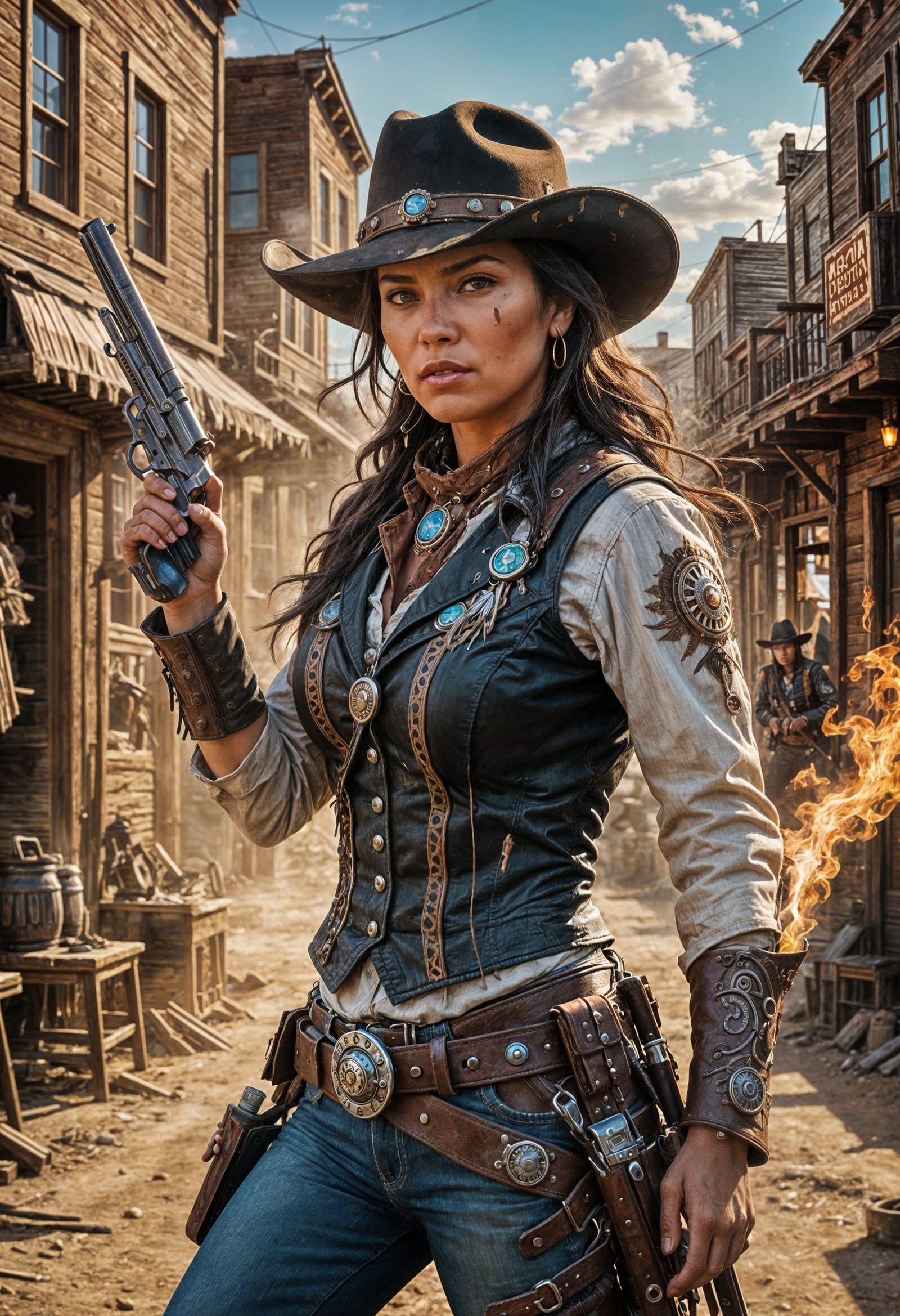 Fierce Native American Cowgirl Engages in Wild West Gunfight