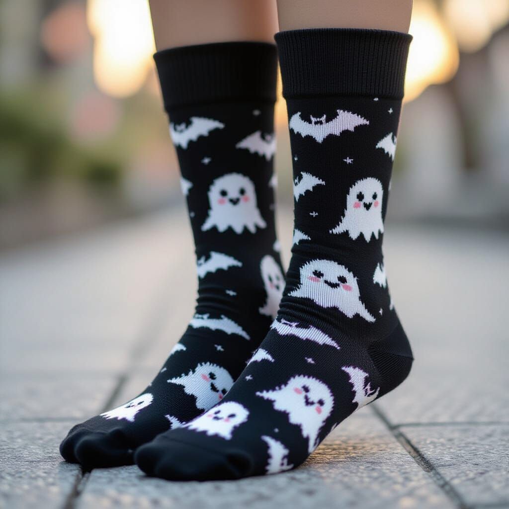 Gothic Girl Wearing Socks with Bats and Ghosts