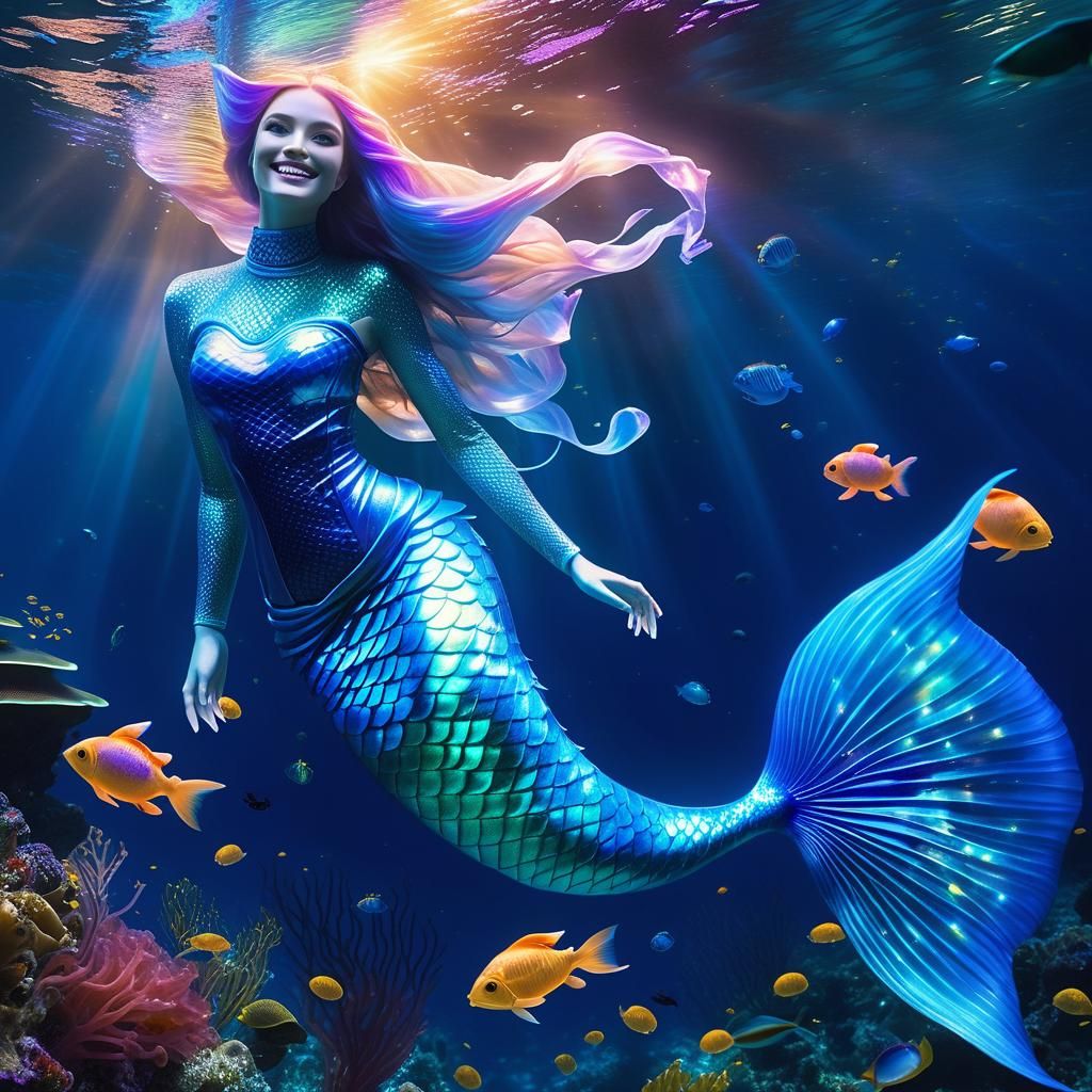Glowing Glass Mermaid in a Mystical Ocean
