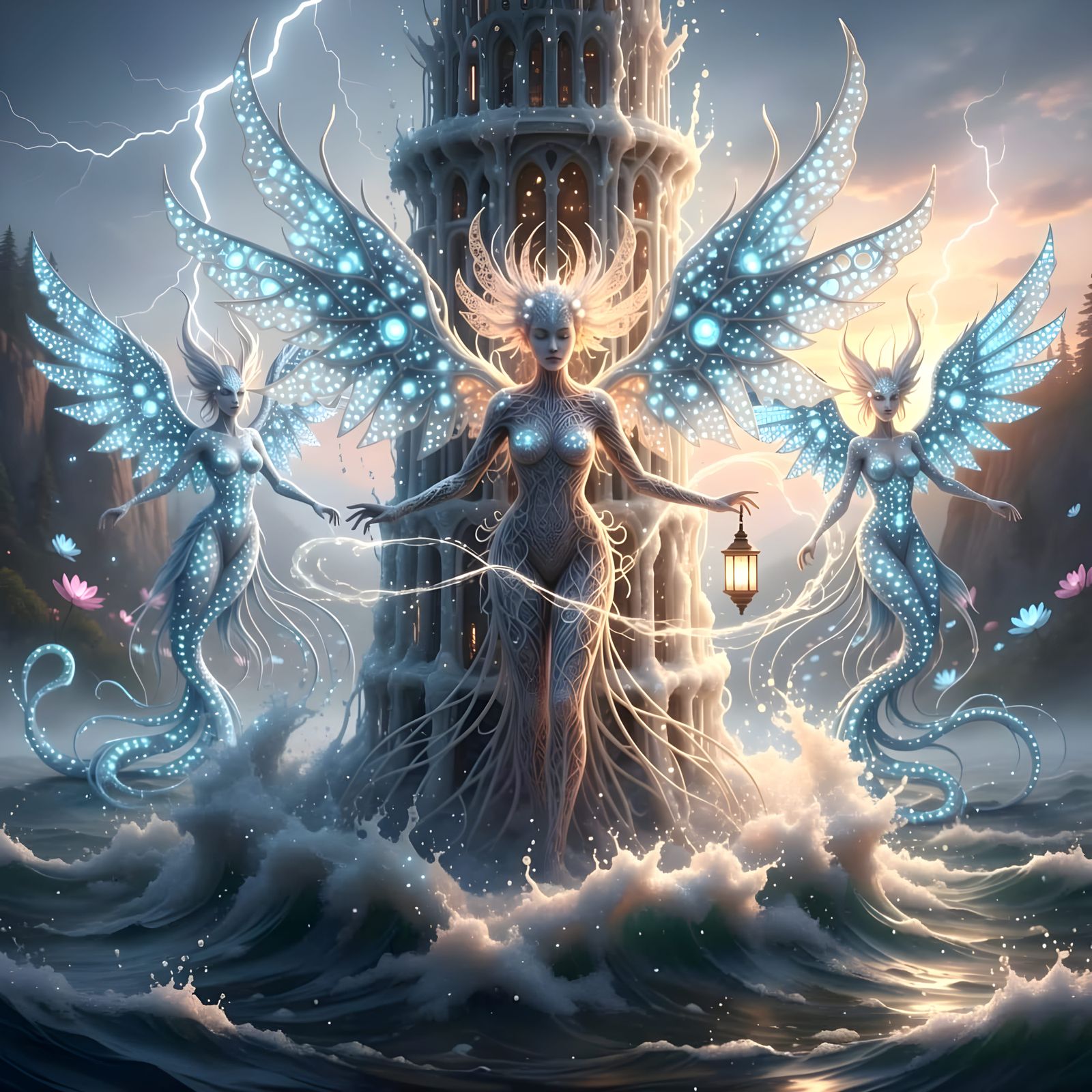 Enchanting Sea Banshees on Glowing Waves in Storm