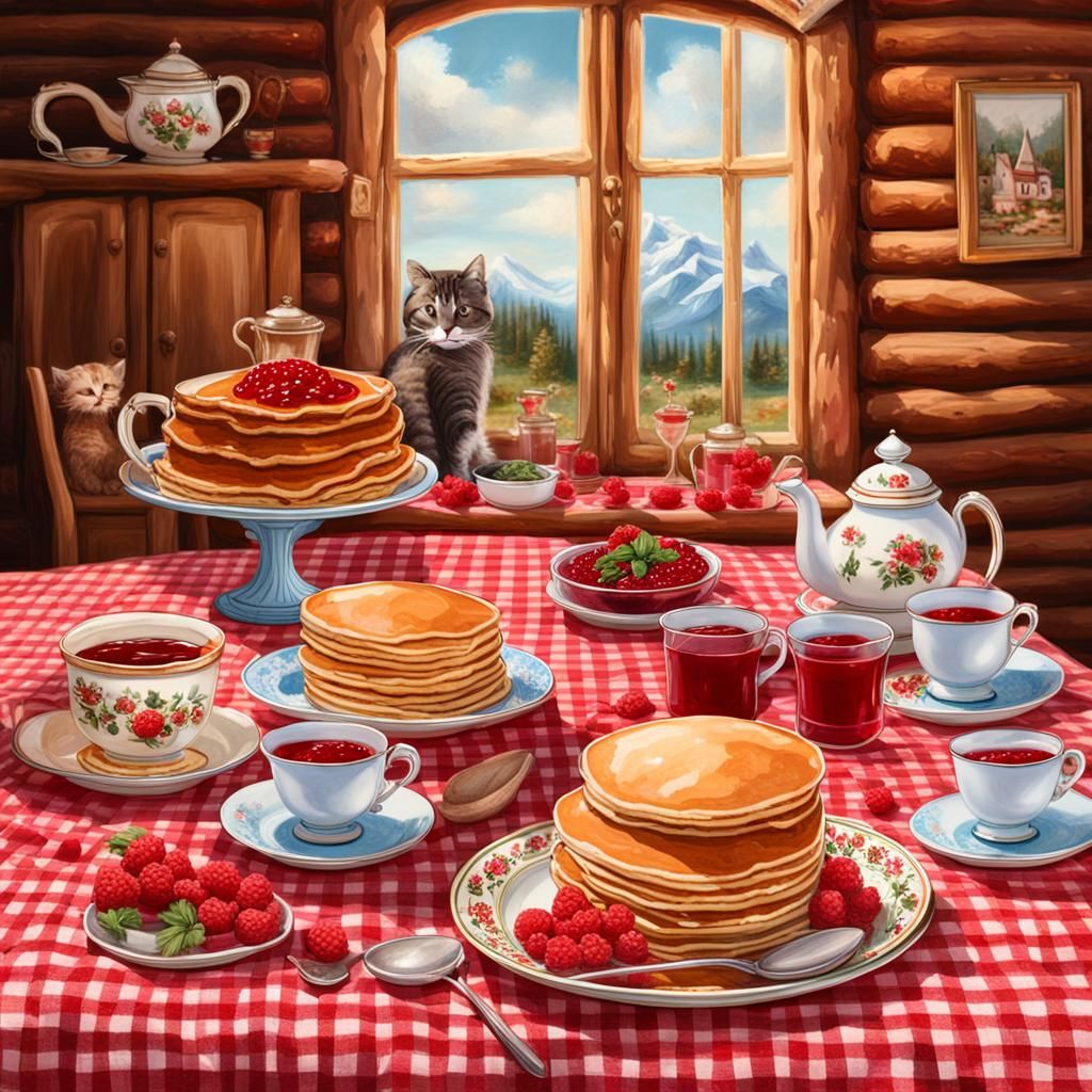 Pancake Feast with Cat, Samovar and Girl: Detailed Art