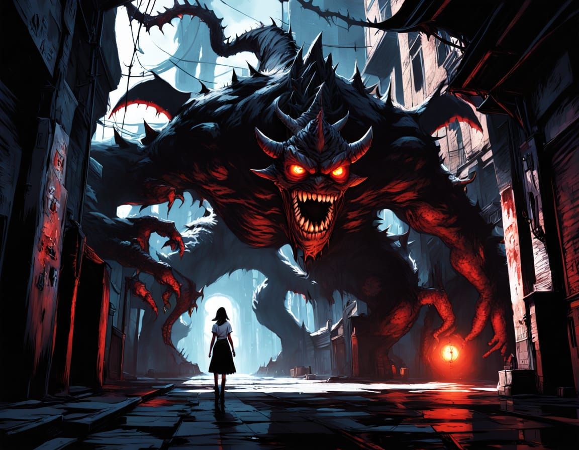Eerie Manga-Style Alley Confrontation with Horned Monster