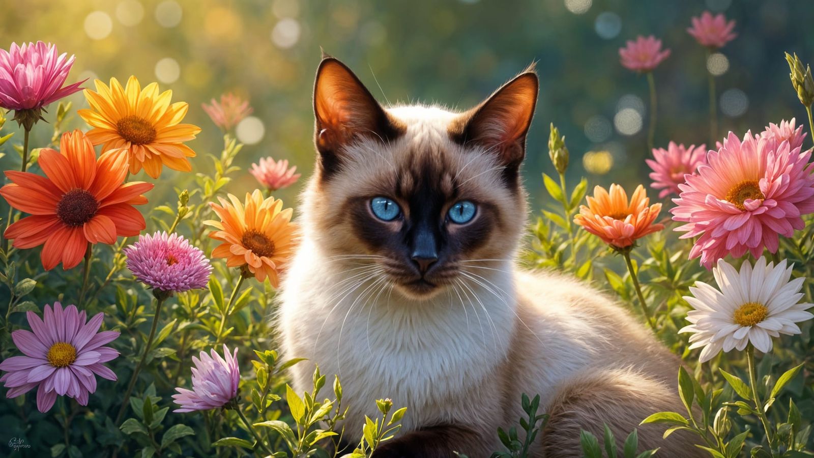 Siamese Cat Rests Among Flowers in Sunny Garden