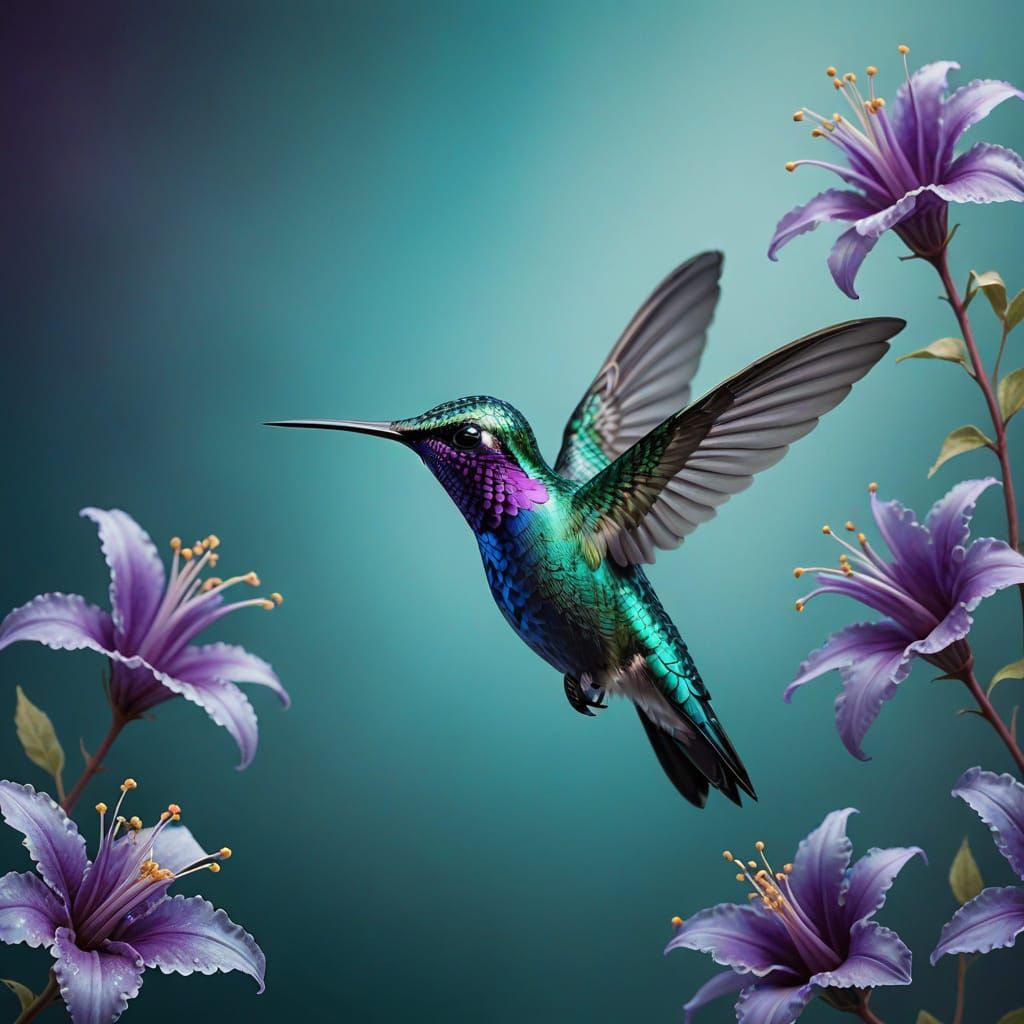 Turquoise and Purple Hummingbird in Surreal Scene