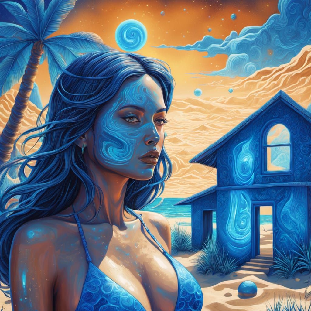 Surreal Blue House with Woman, Astral Illustration