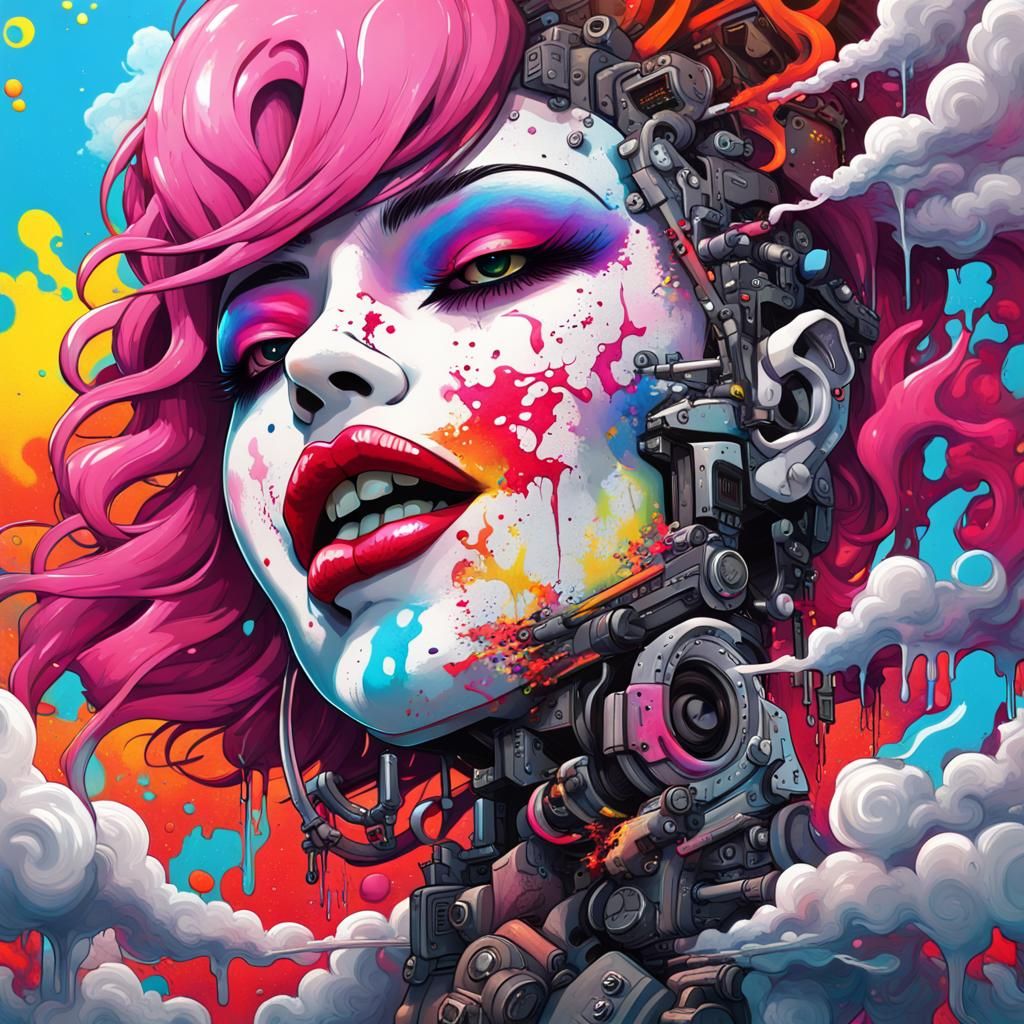 Cyberpunk Oni Billboard with Graffiti and Kiss Mark