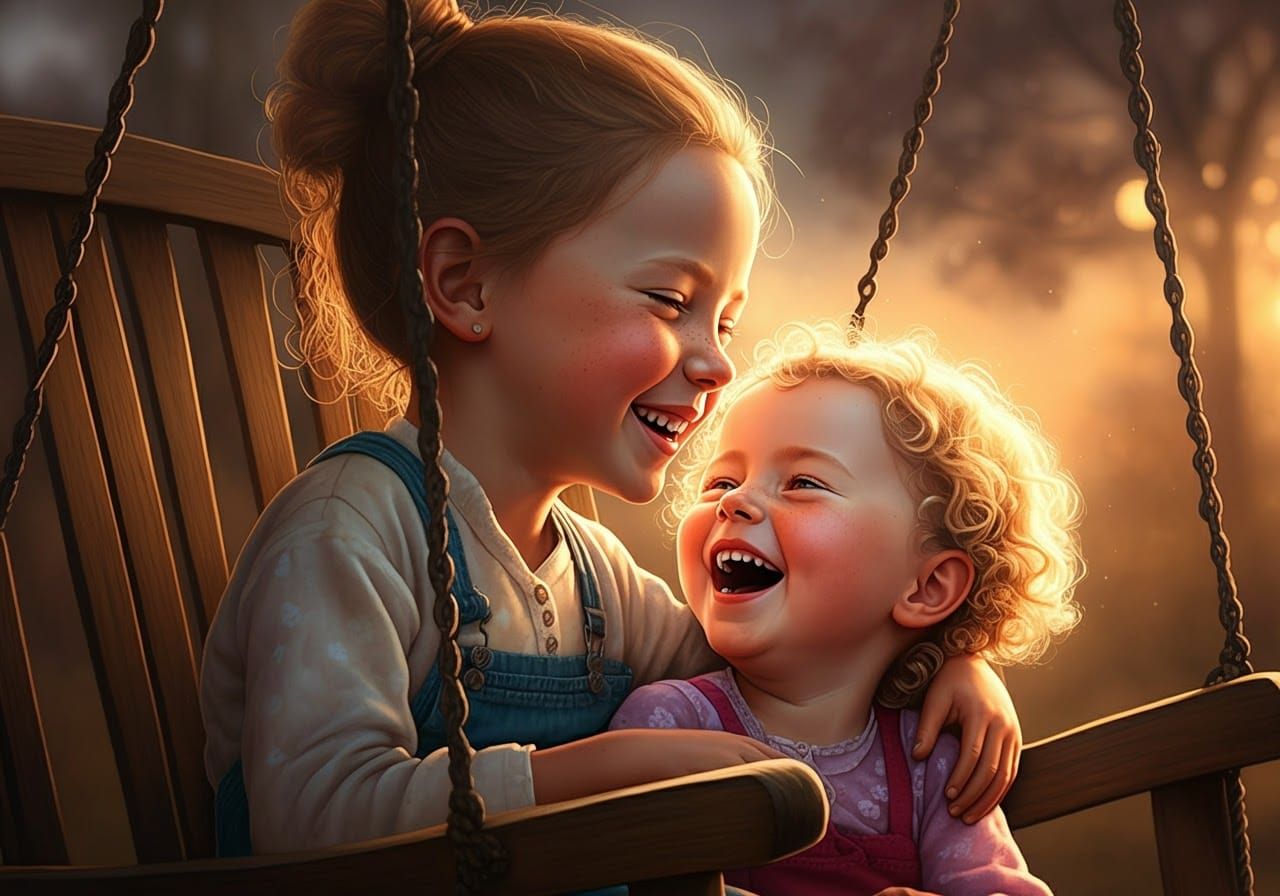 Siblings' Joyful Evening: Hyperrealistic Splash Art