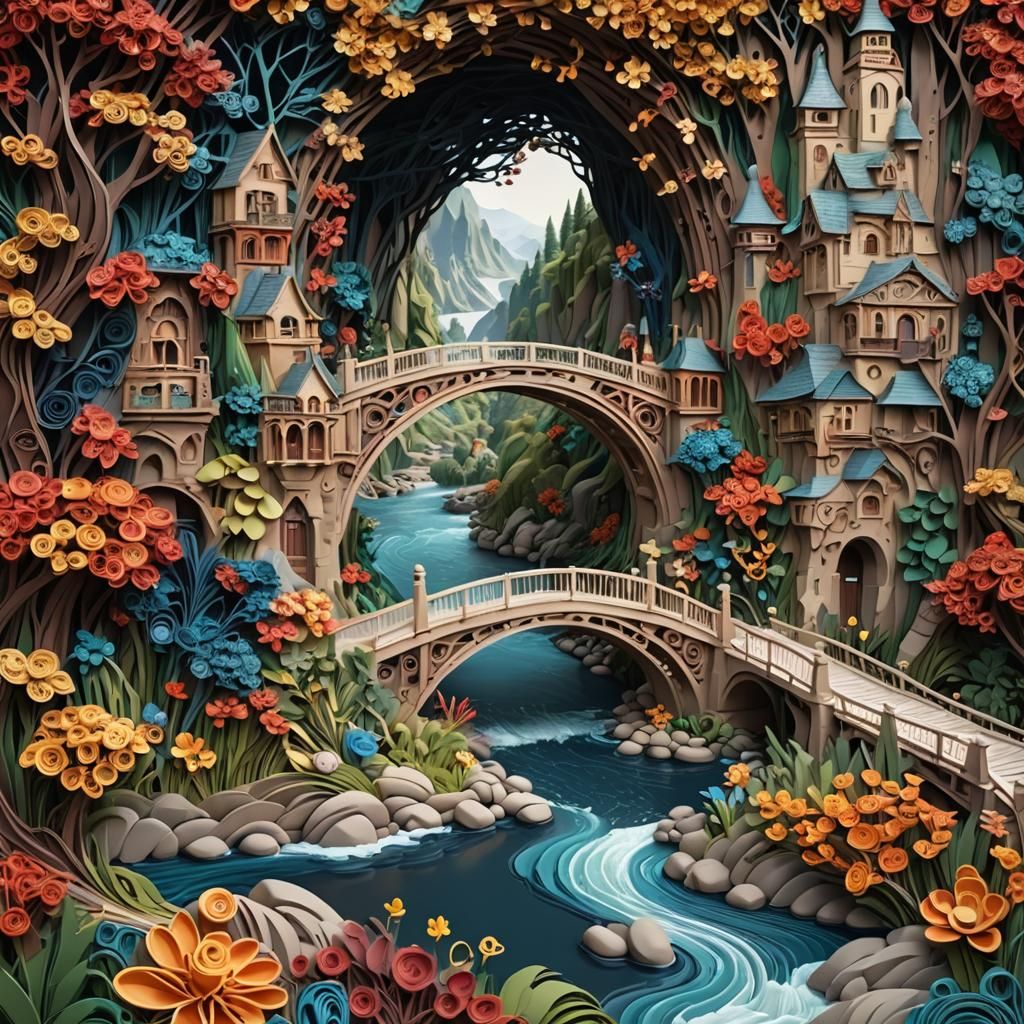 Detailed Paper Quilling River and Bridge Scene