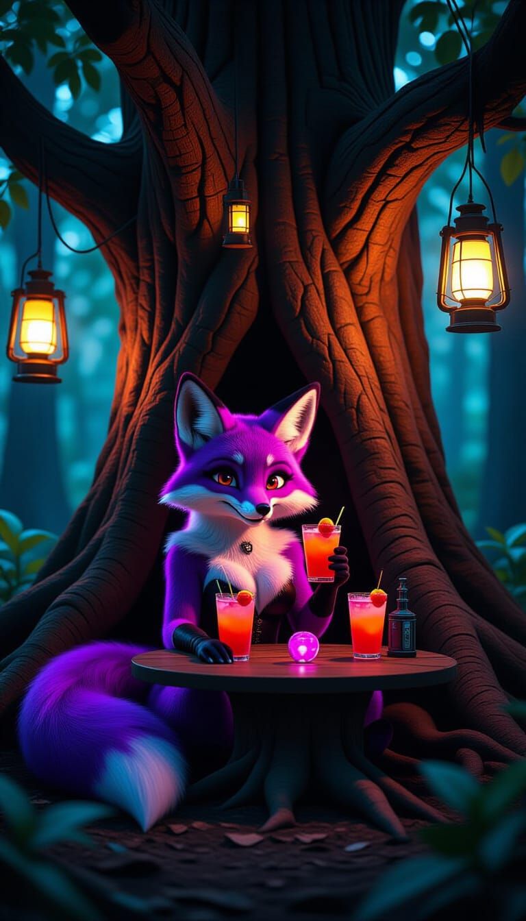 Cyberpunk Fox Speakeasy in Enchanted Forest