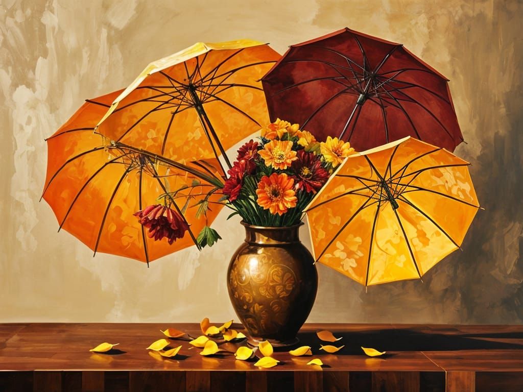Marquetry Painting of Umbrellas and Gold Petals