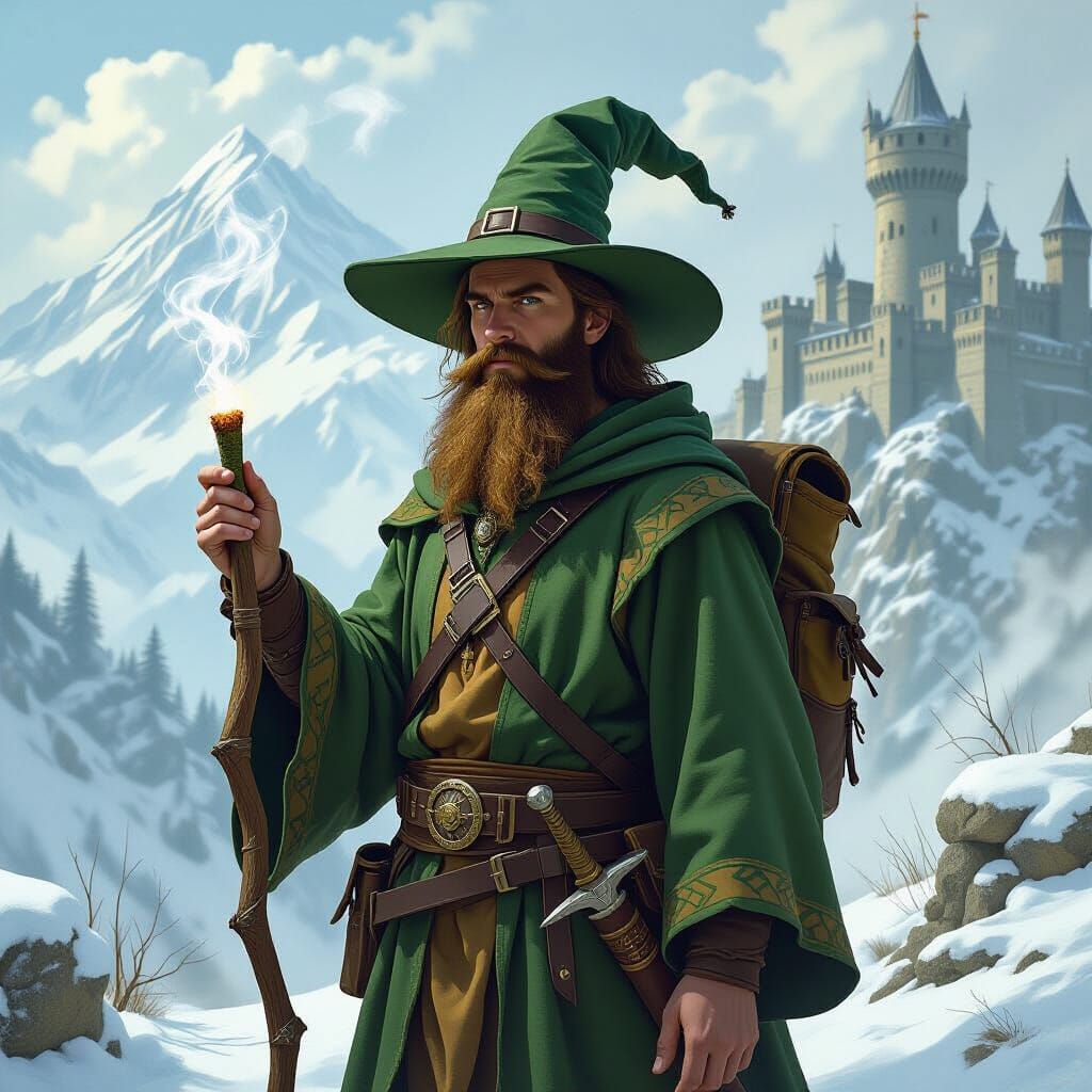 Fantasy Wizard with Blunt and Staff in Snowy Mountains