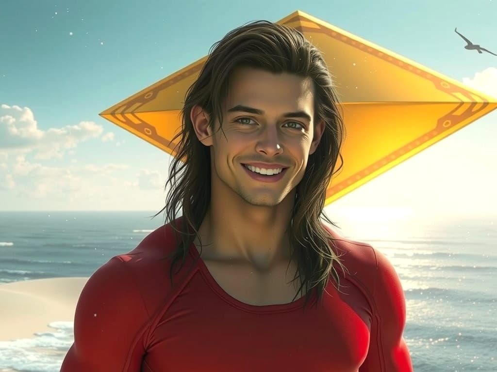 Golden Sunset Star Child Soars in Cherry Red Space Suit