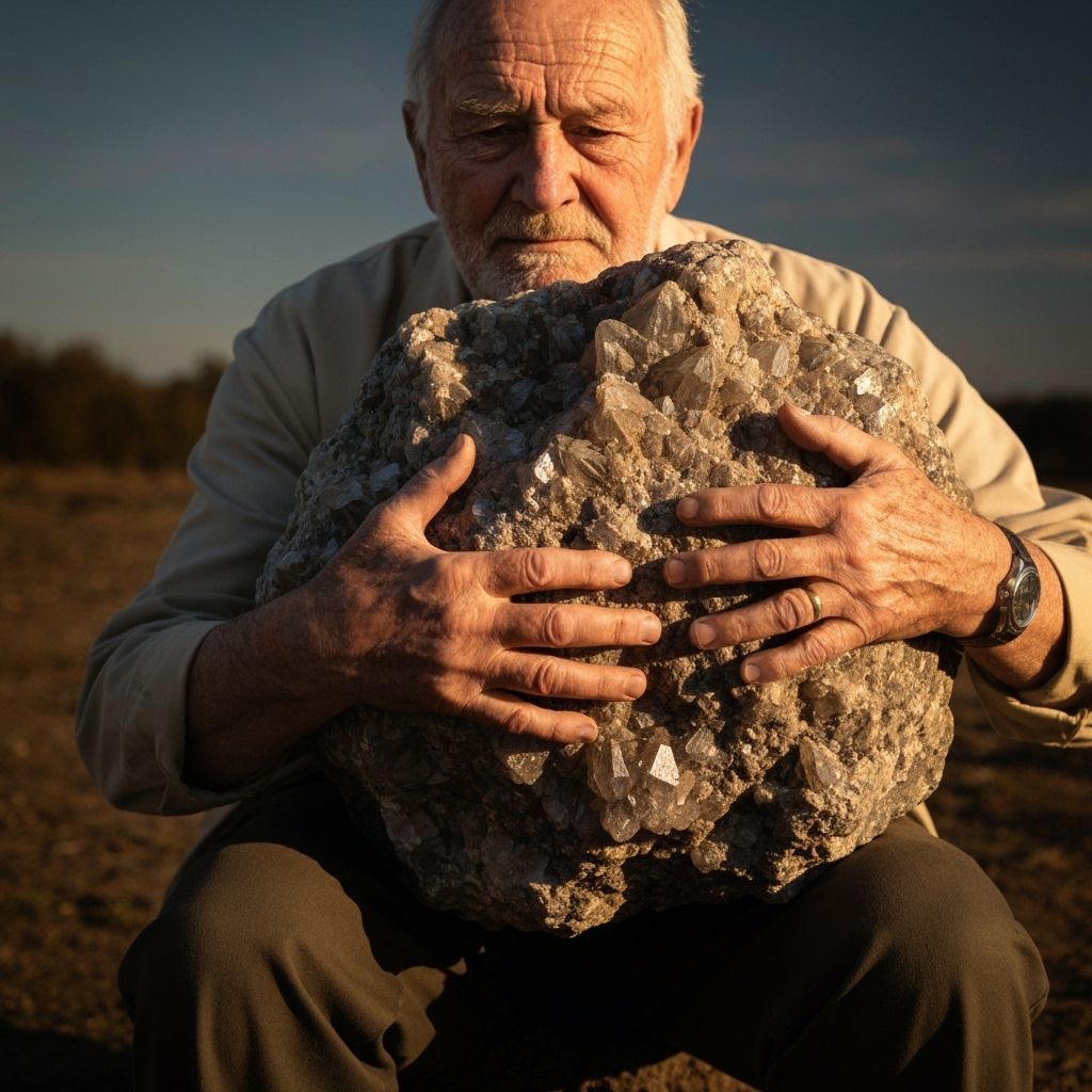Elderly Geologist Hugs Crystalline Rock in Golden Hour