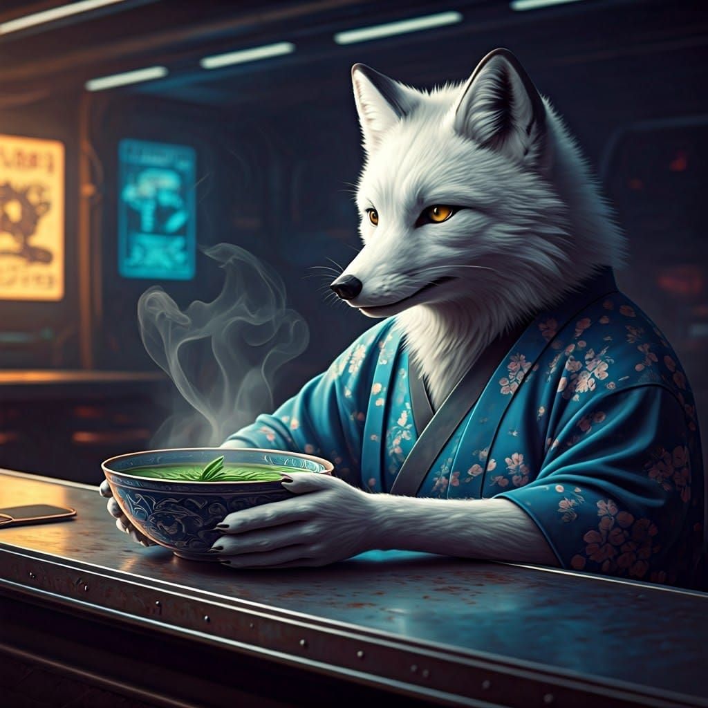 Fox in Kimono at Starport Dive Bar, Syd Mead Style