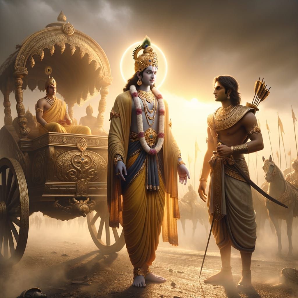 Divine Krishna and Arjuna at Kurukshetra Dawn