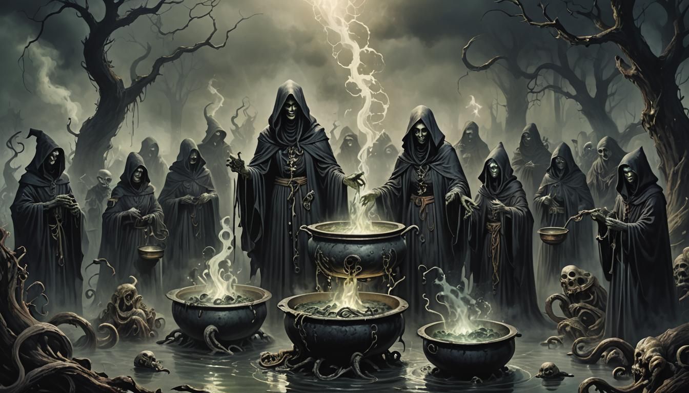 Dark Folklore: Witches and Spectral Figures in Surreal Scene