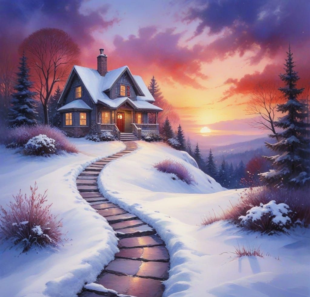 Winter Wonderland Cottage in Soft Watercolor Hues