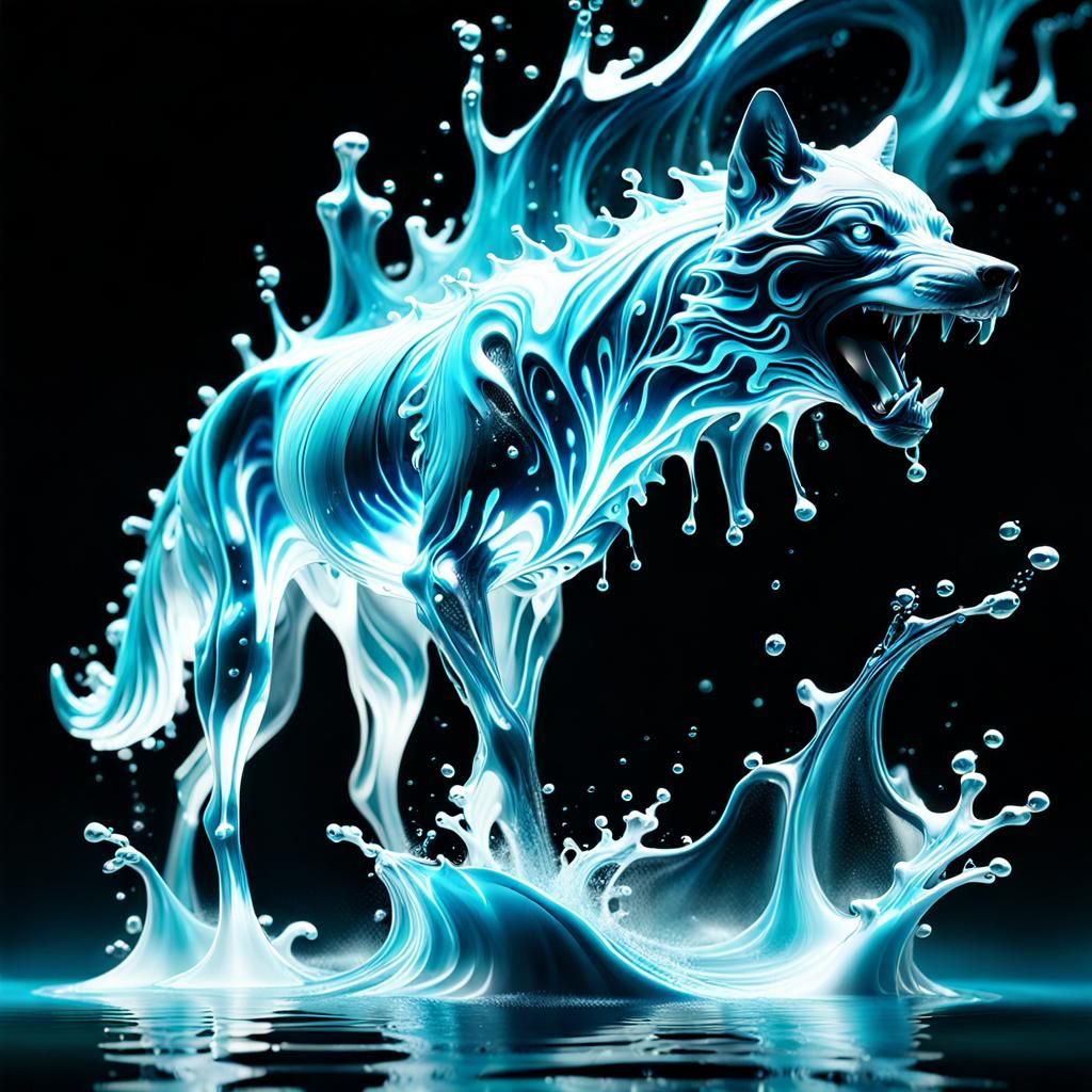 Blue Flame Water Wolf in Kinetic Art Style