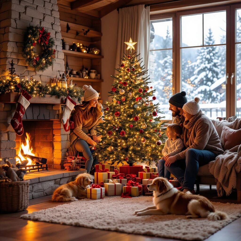 Cozy Family Christmas Scene with Warm Firelight