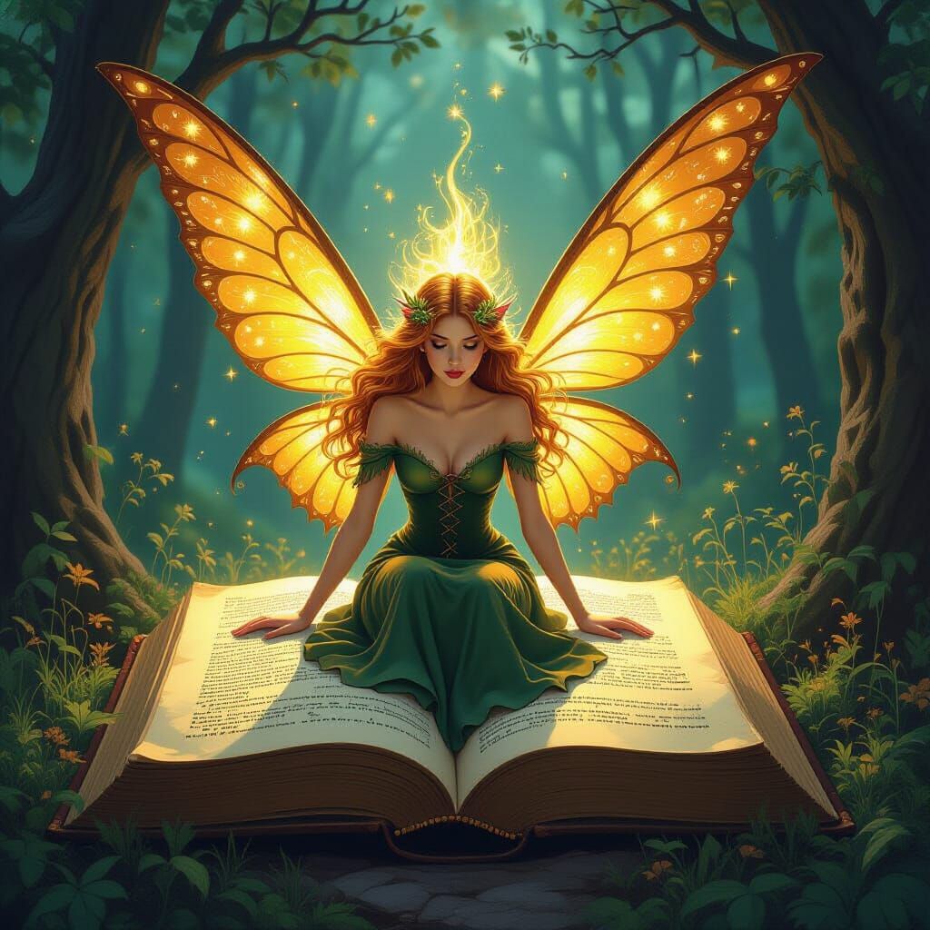 Ancient Book with Golden Fairy in Magical Light