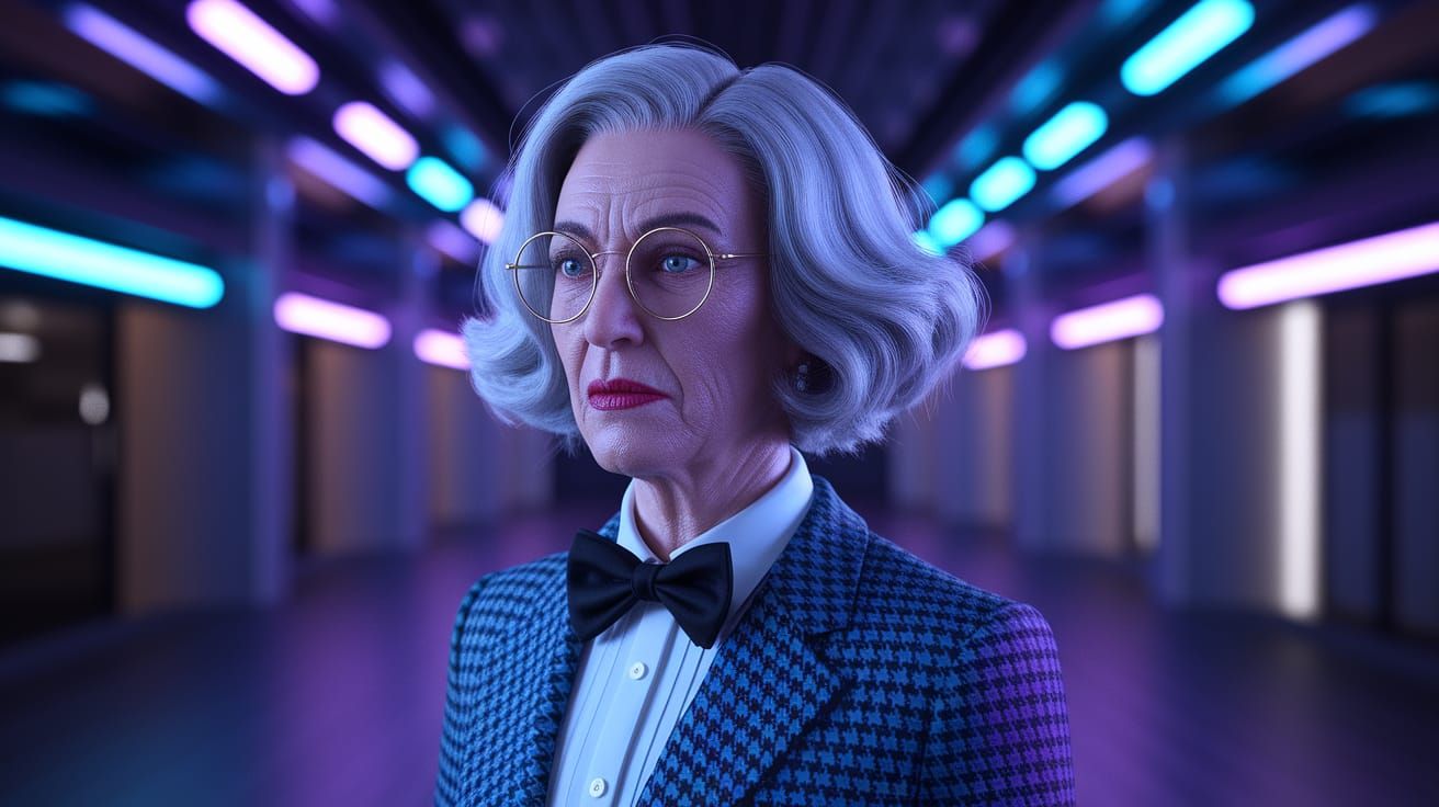 Retrofuturistic Mrs. Filmore in IMAX Cinema 4D Style