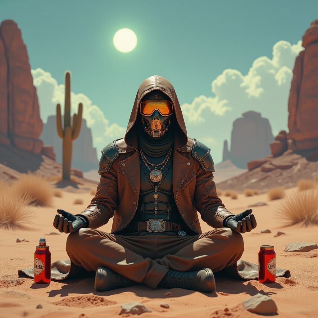 Dieselpunk Ice Cream Vendor Meditates in Desert Ruins