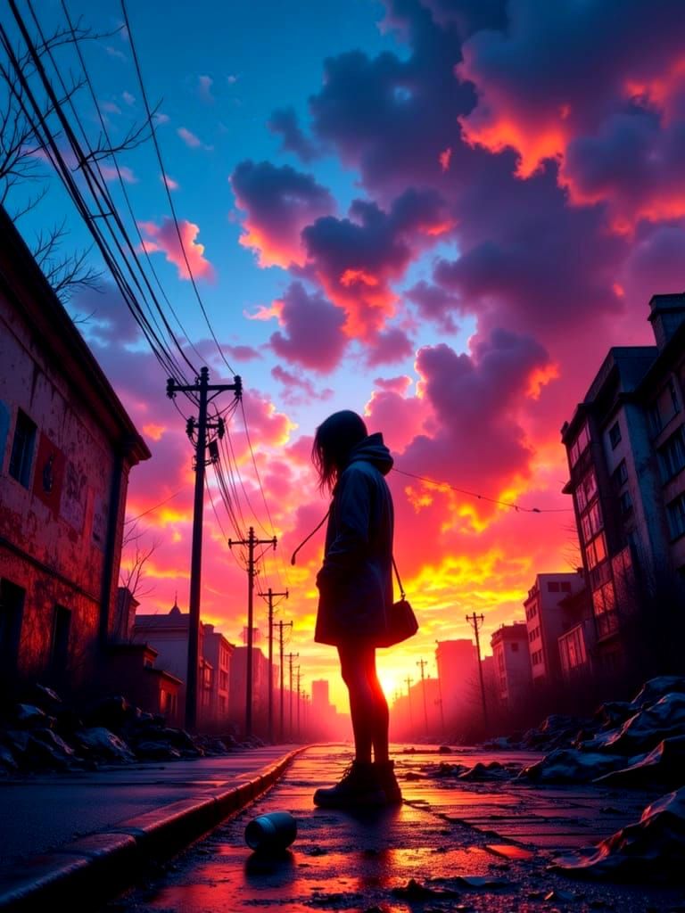 Woman in Urban Decay Amidst Surreal Sky