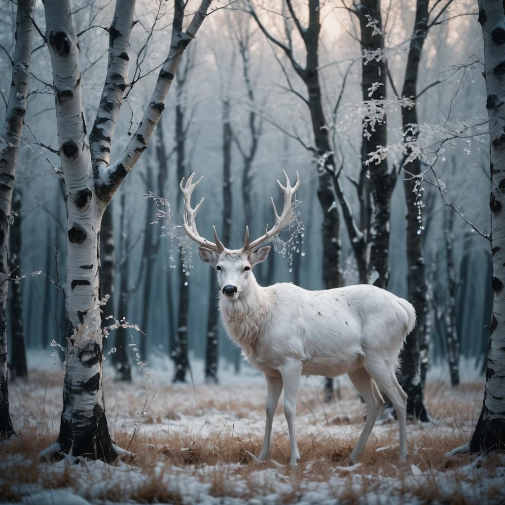 A white deer with black eyes and crystal horns in a dark birch forest