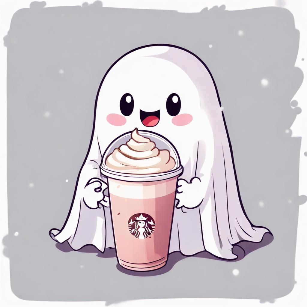 Cute Cartoon Ghost Sipping Frappuccino in Anime Style