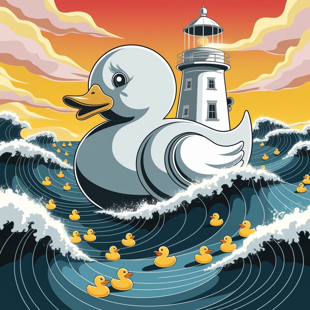 Whimsical Lighthouse Duck Sails the Stormy Sea in a Vibrant ...