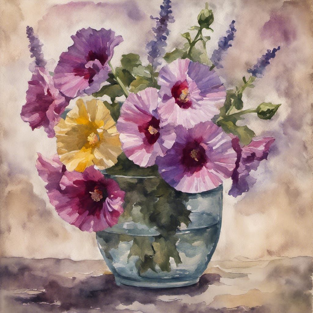 Hollyhock Flowers in Vase: Impressionist Gouache Watercolor