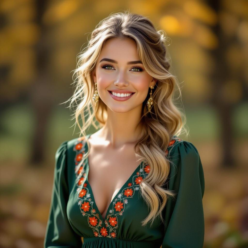 Blonde Woman in Autumn Forest, Impressionist Style