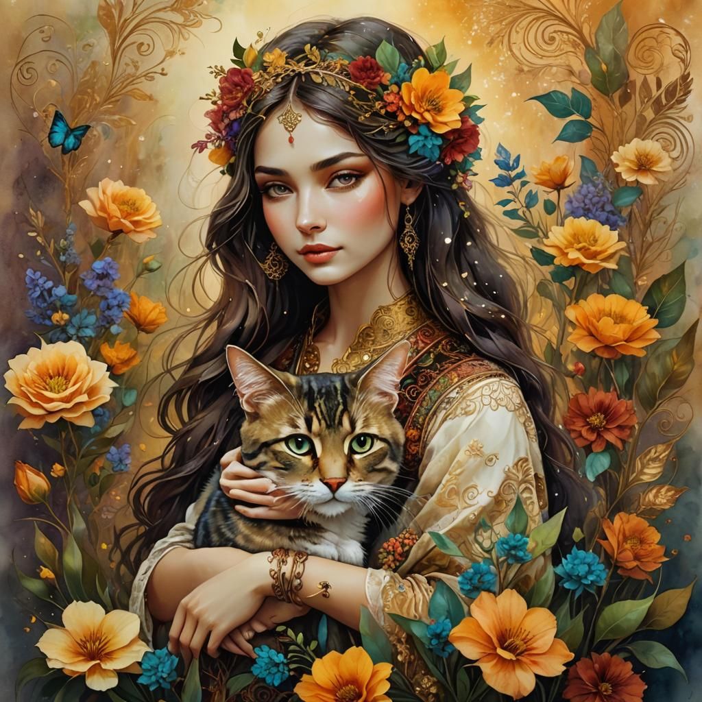 Bohemian Girl with Cat in Lush Floral Scene