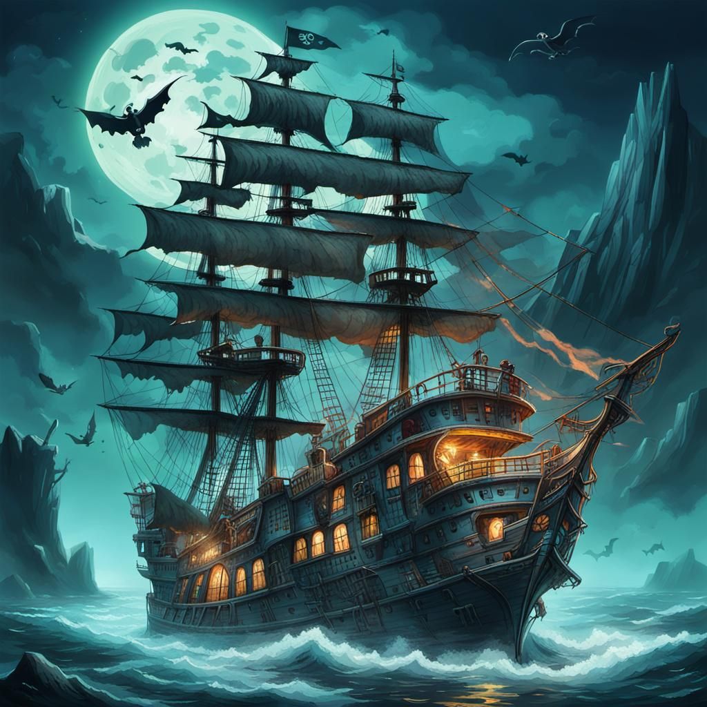 Ghost Ship with Pirate Lady on Dark Ocean