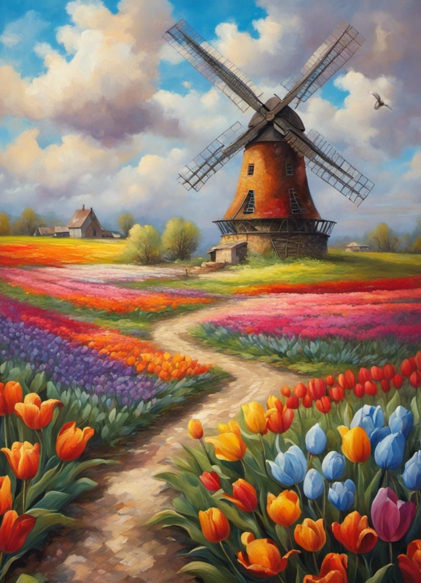 Colorful Tulip Field and Windmill Oil Painting